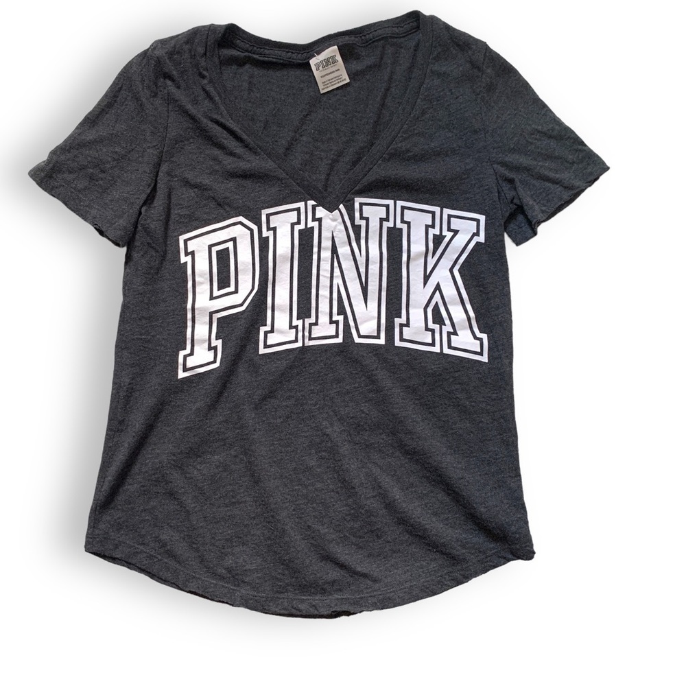 Victoria Secret PINK XS Shirt Short Sleeve Grey & White Shirt V Neck Relaxed Fit